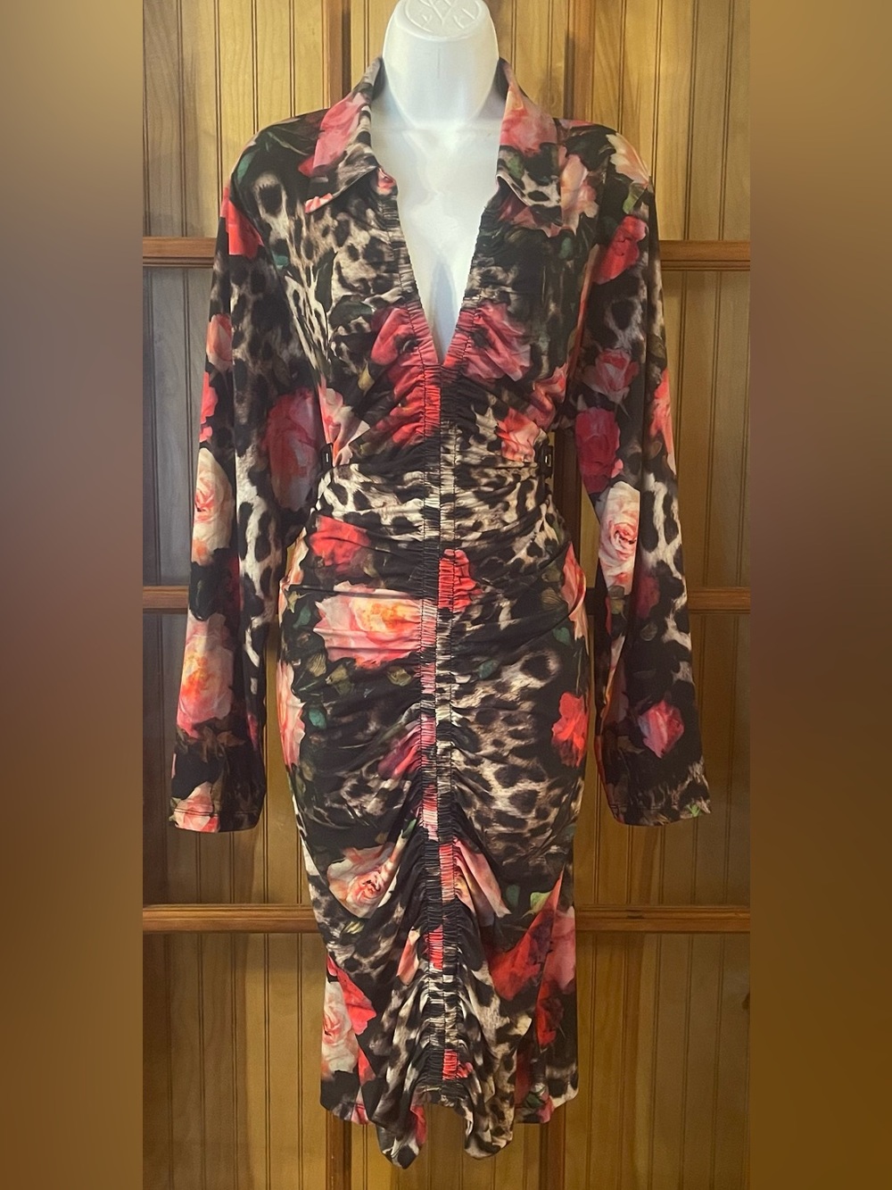 VENUS Black Leopard Print Long Sleeve Dress with Red & Pink Roses